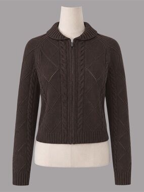Aritzia Sunday Best Cable Knit Zip-Up Sweater Cardigan in Rich Mocha Brown